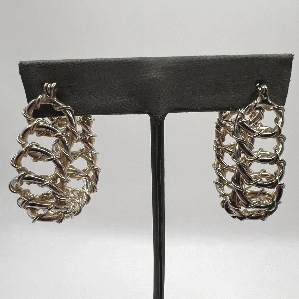 Silver‎ Tone Hoop Earrings Braided Oval Rings Statement